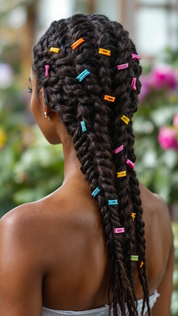 A woman with long, textured braids adorned with colorful claw clips, showcasing a stylish hairstyle.