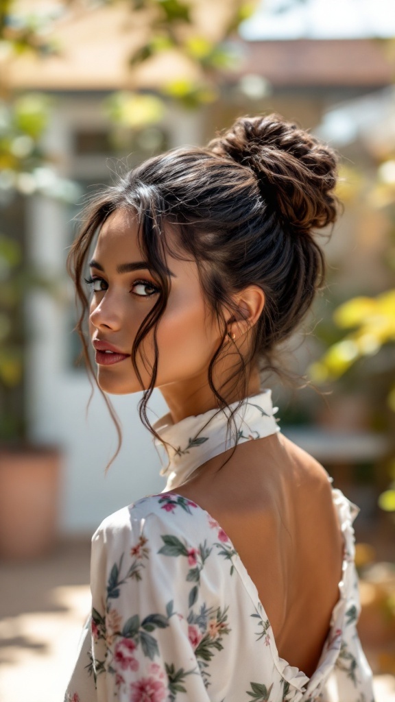 A woman with a textured bun hairstyle, wearing a floral high neck dress, looking over her shoulder.