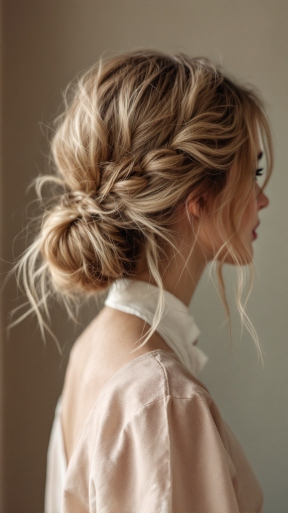 A woman with short hair styled in a textured bun with loose strands, showcasing a relaxed and chic look.