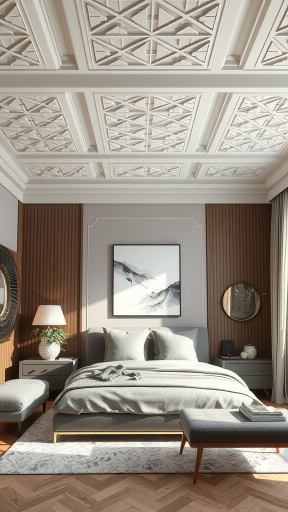 A beautifully designed bedroom featuring textured ceiling panels, a cozy bed, and warm wood accents.