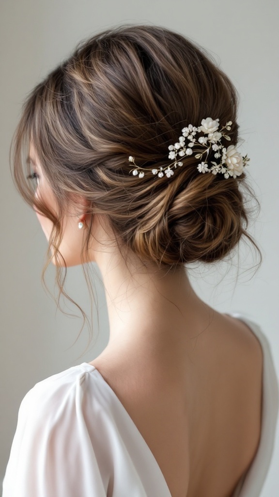 A woman with a textured chignon hairstyle decorated with delicate floral hairpins, showcasing a side-swept look