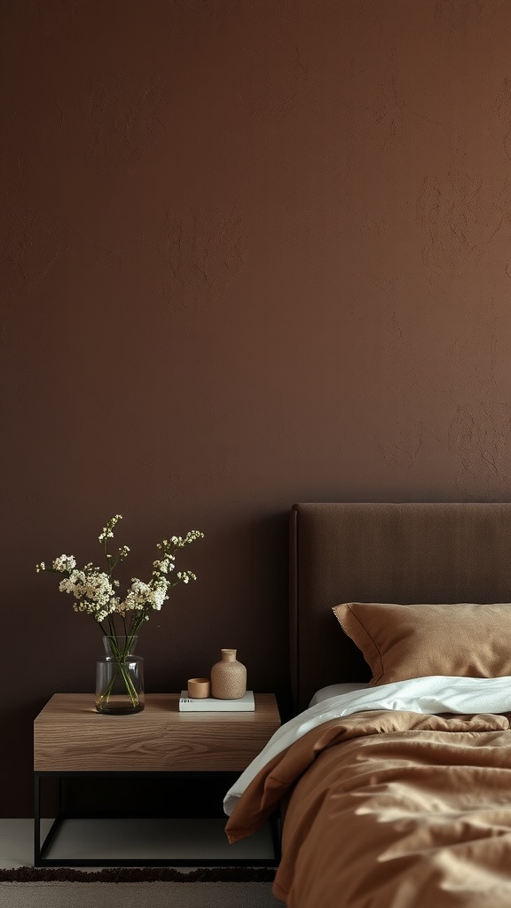 A textured chocolate wall behind a white bedspread