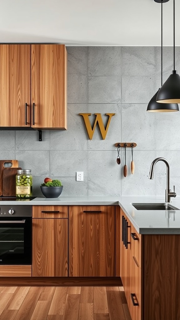 A modern kitchen featuring a textured concrete backsplash, wooden cabinets, and stylish kitchenware.
