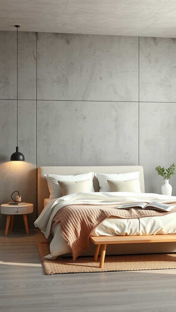A modern kitchen with textured concrete walls, showcasing a stylish and cozy design.
