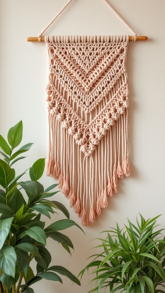 Textured crochet macrame wall art in peach tones with fringes, hanging against a neutral wall, surrounded by green plants.