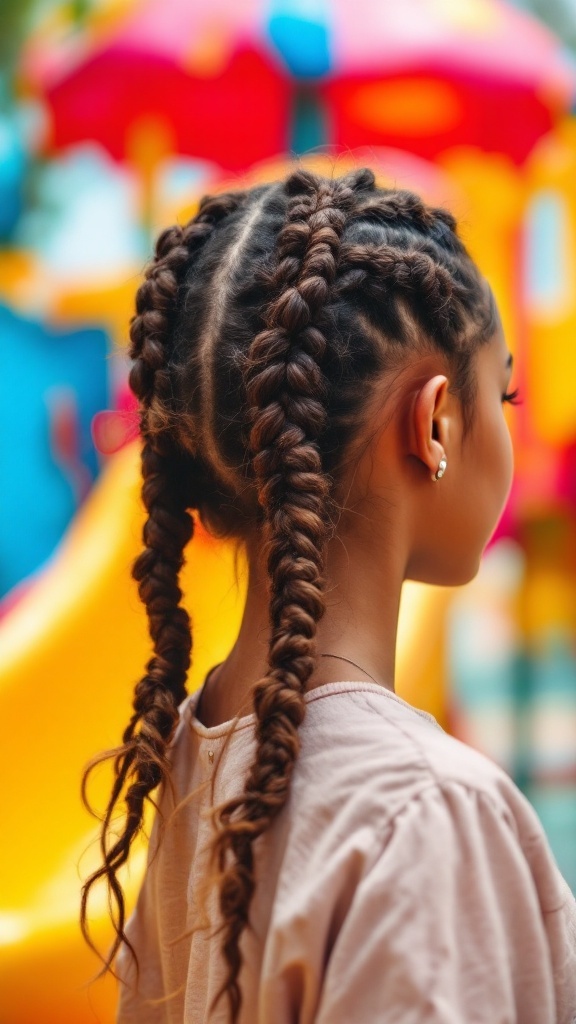 A young girl with textured crochet pigtails, showcasing a vibrant hairstyle against a colorful playground backdrop.