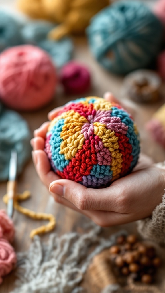 A colorful crochet stress ball in a person's hand, surrounded by various yarns