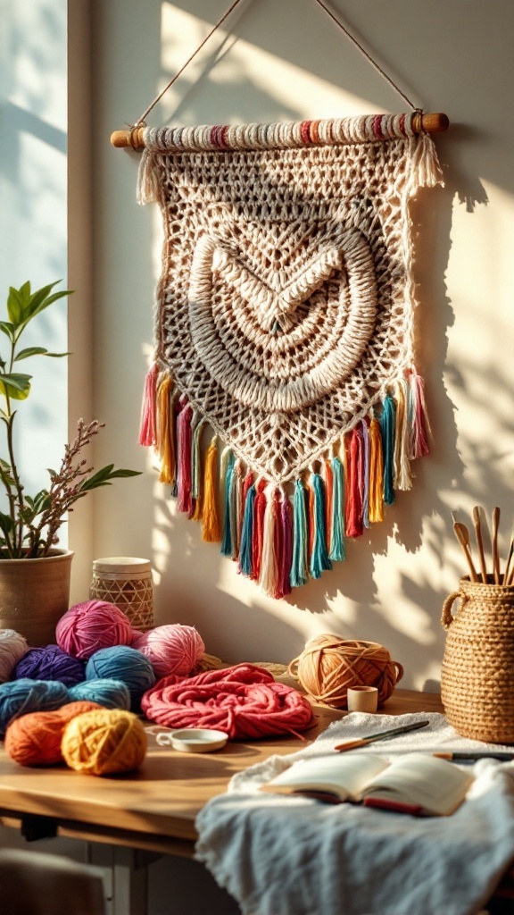A textured crochet wall hanging with colorful fringe, displayed above a table with various yarns.