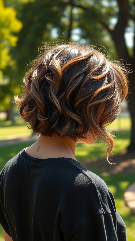 A woman with a textured crop hairstyle, showcasing soft waves and layers, viewed from the back in a park setting.