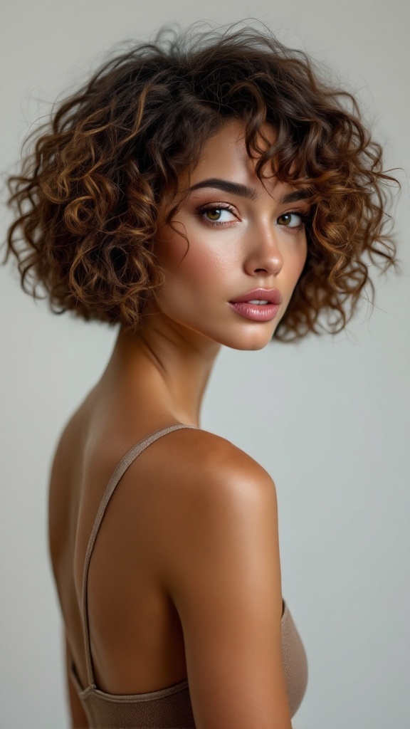 A woman with a textured curly bob hairstyle, showcasing defined curls and a chic look.