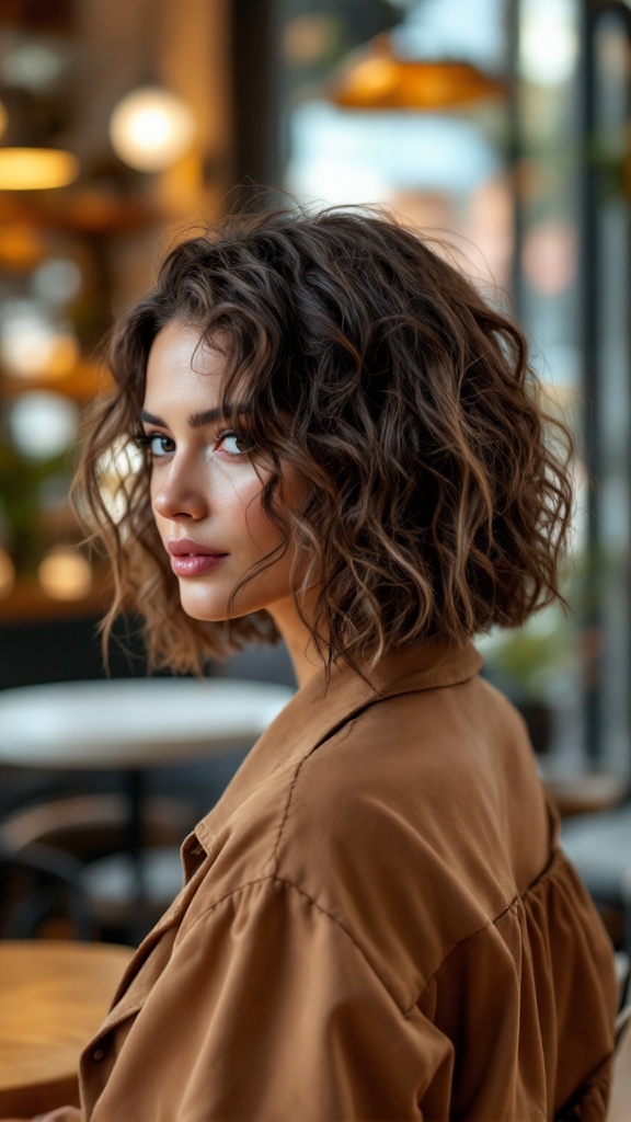 A woman with medium length curly shag hairstyle, looking stylish with loose curls and layers.