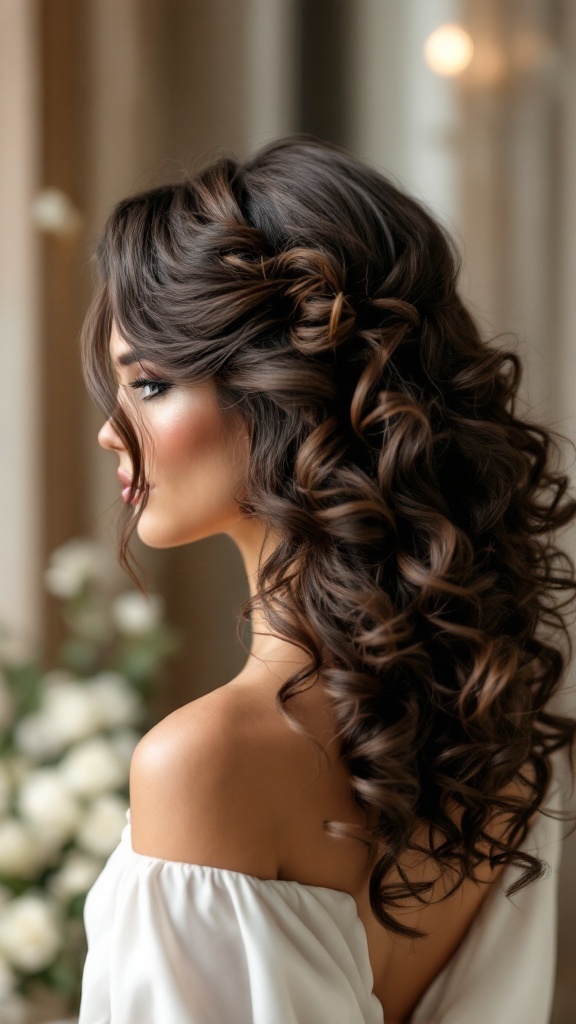 A woman with textured curly hair styled in a side-swept look, showcasing elegant curls and a soft, romantic appearance.