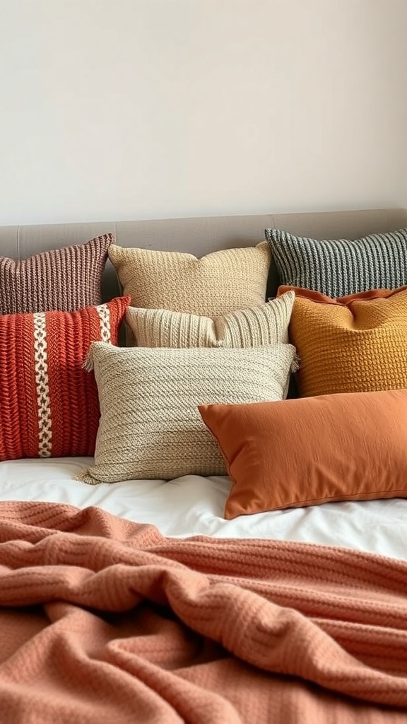 A cozy bed with various textured cushions in autumn colors, featuring a soft throw blanket.