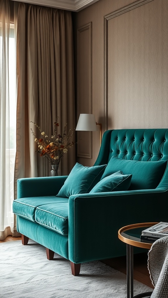 A cozy corner featuring a tufted emerald green sofa with accent pillows, beige curtains, and a stylish side table.