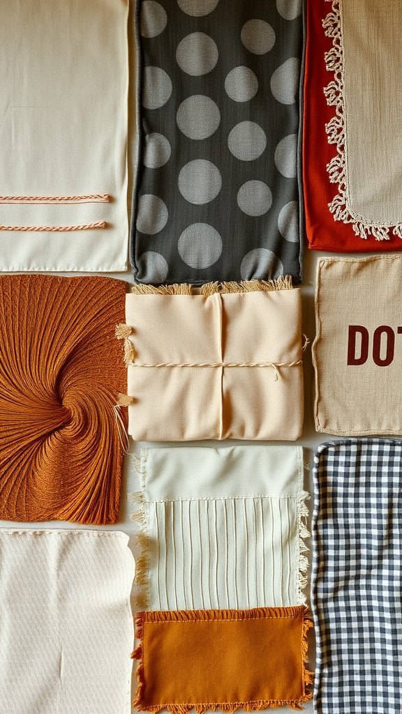 An assortment of textured fabric swatches in various colors and patterns.