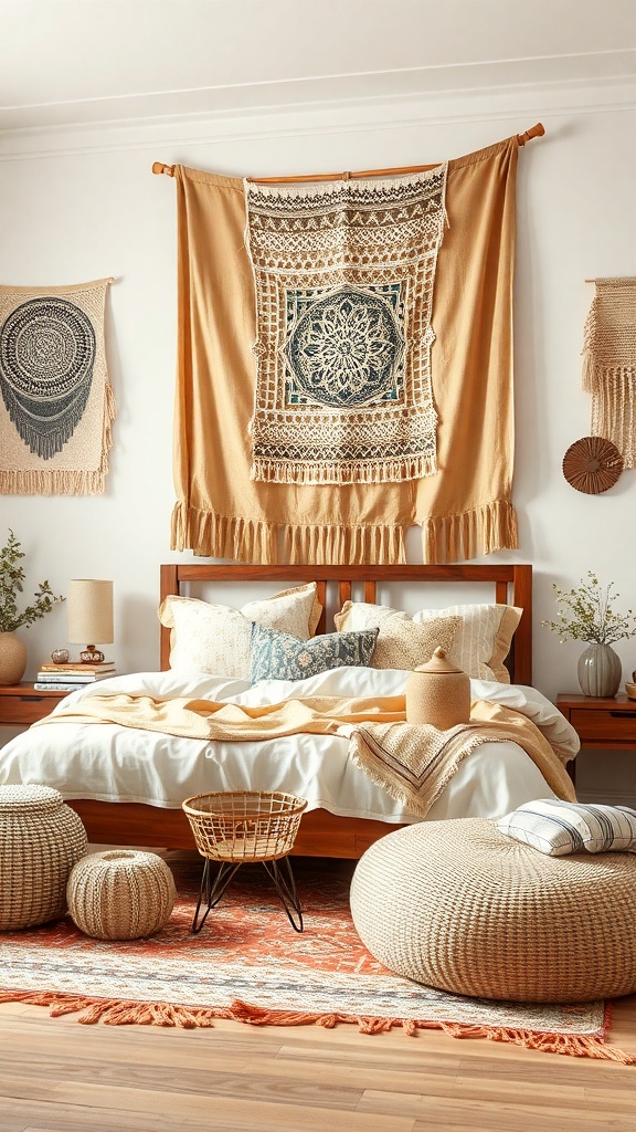 A cozy bedroom featuring textured fabric wall hangings above the bed, with earthy tones and intricate designs.