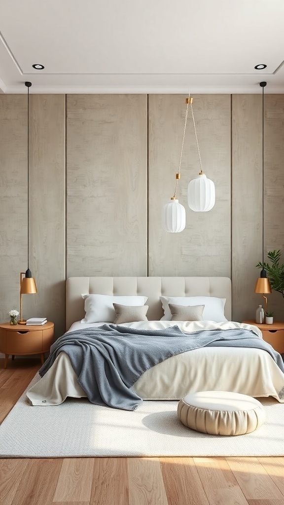 A cozy bedroom featuring textured fabric wall panels, a soft bed with a blanket, and stylish lighting.