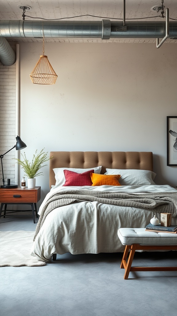 A cozy industrial bedroom featuring a bed with textured fabrics, colorful pillows, and a soft area rug.