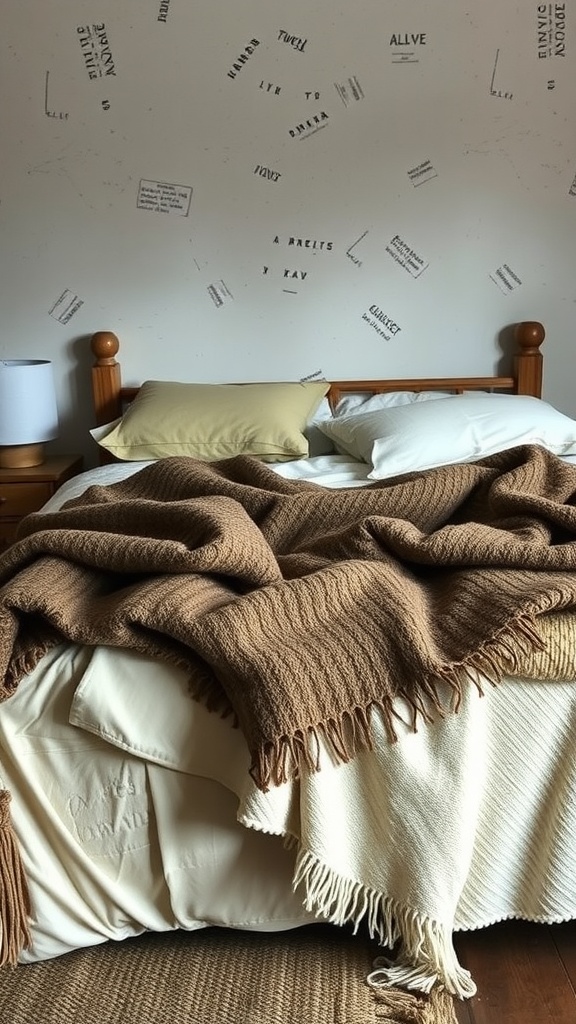 A rustic bedroom with layered blankets and textured fabrics on a bed.