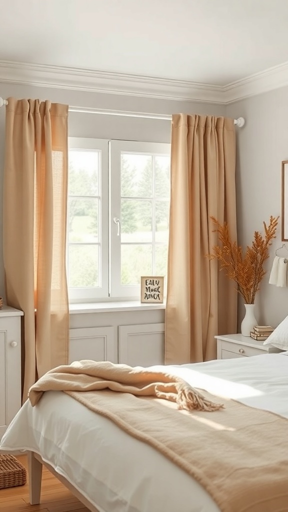 A cozy kitchen with light beige curtains, a soft throw on the bed, and a decorative vase.