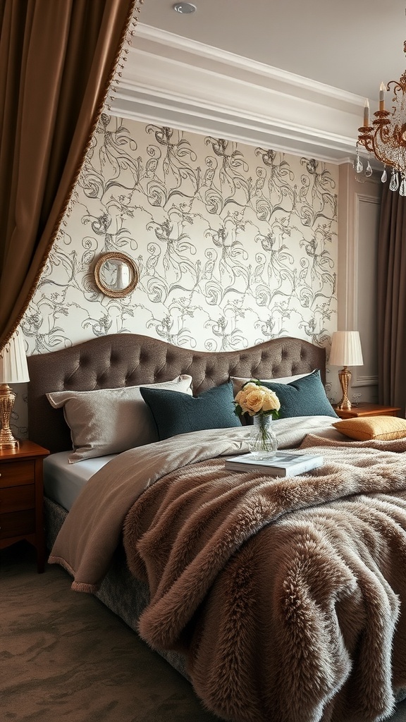 A luxurious master bedroom featuring a tufted headboard, textured bedding, elegant curtains, and a chandelier.
