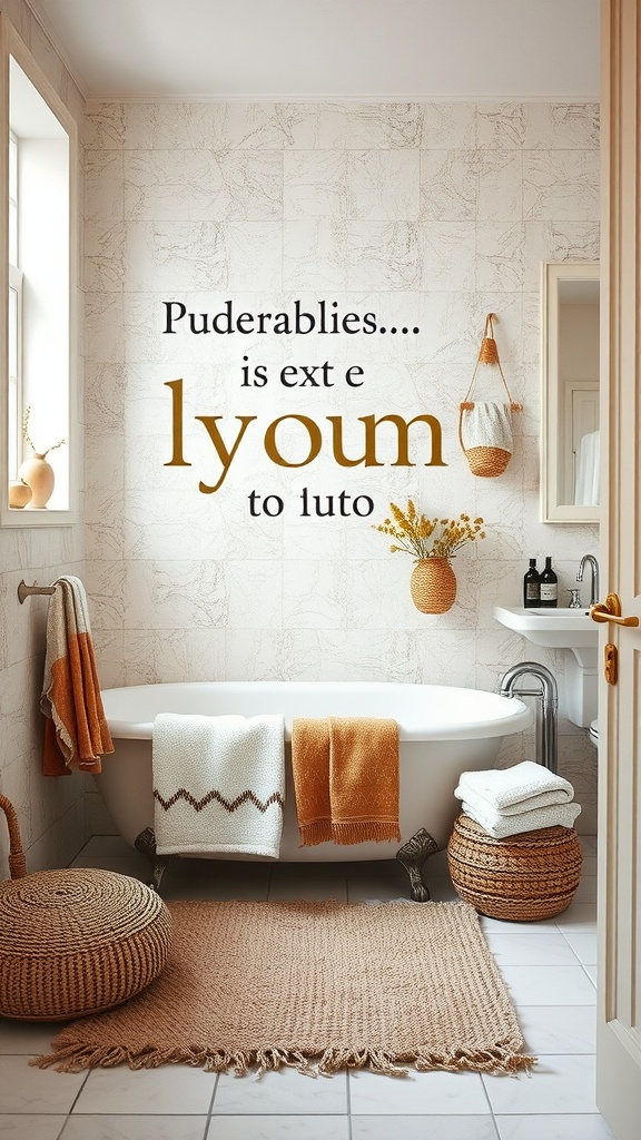 Modern rustic bathroom with textured fabrics and rugs.