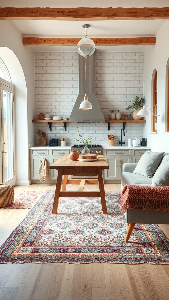 A cozy boho kitchen featuring a patterned rug, wooden table, and textured fabrics.