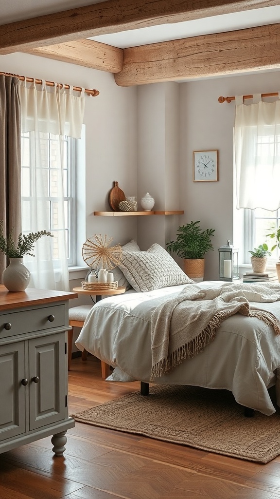 A cozy kitchen with soft textiles and warm wooden elements.