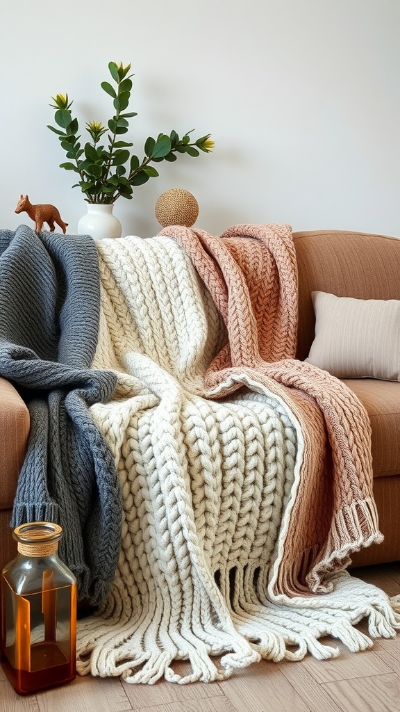 Cozy farmhouse living room with textured throws and a decorative plant