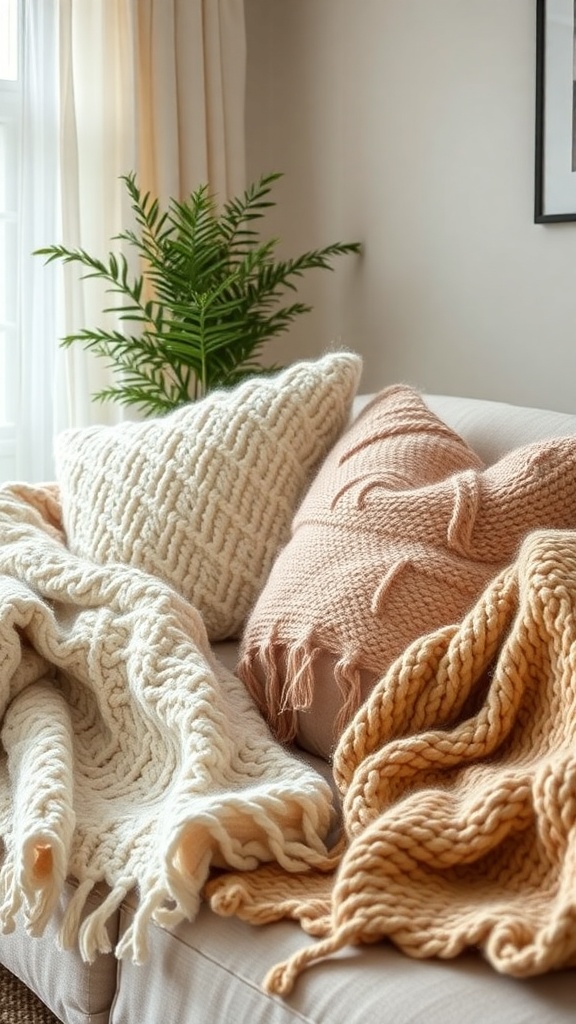 Cozy couch with textured pillows and throws in soft colors