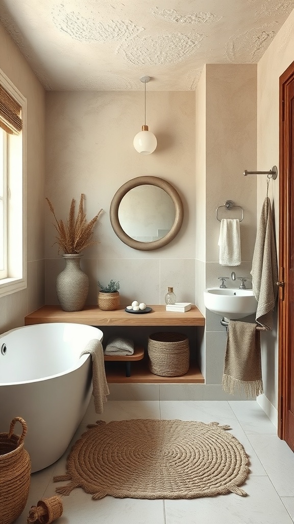 A rustic bathroom featuring a freestanding tub, wooden shelves, and textured fabrics.