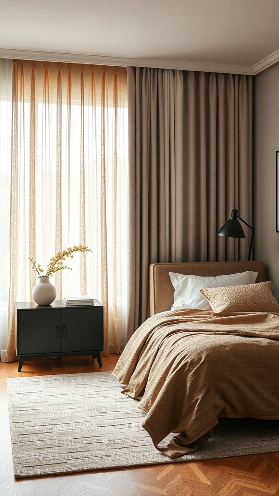 A cozy bedroom featuring textured curtains in warm tones, a neatly made bed, and a stylish nightstand.
