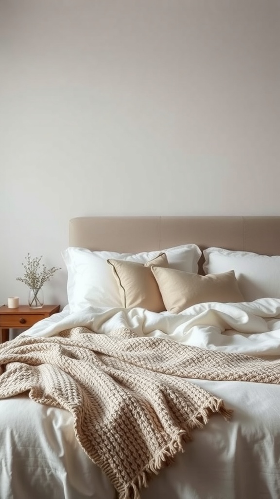 A cozy bed with a woven blanket, neutral pillows, and a simple bedside table.