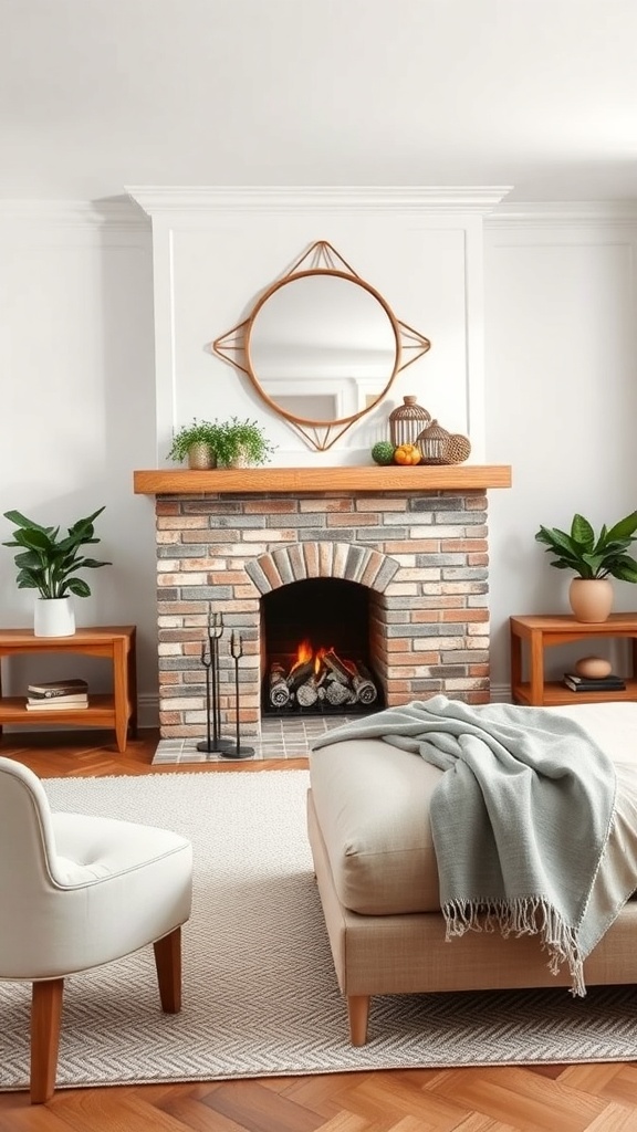 A cozy bedroom featuring a textured faux fireplace surround with a brick design, wooden mantel, and decorative elements.