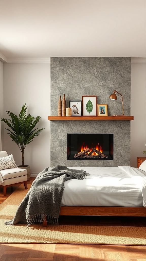 A cozy bedroom featuring a textured faux fireplace with decorative items on a wooden mantel.