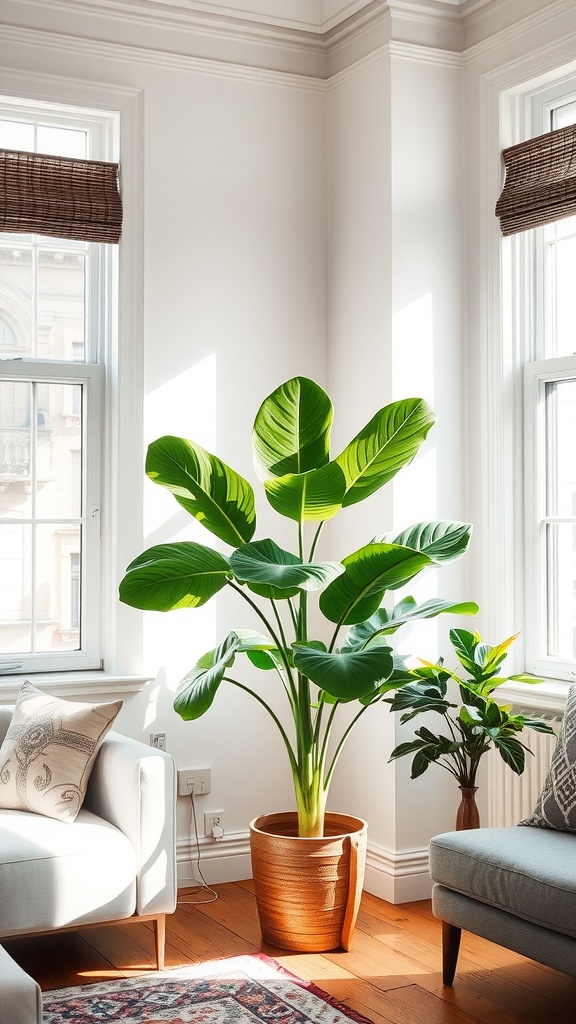 A fiddle leaf fig plant in a bright living room next to a cozy couch.