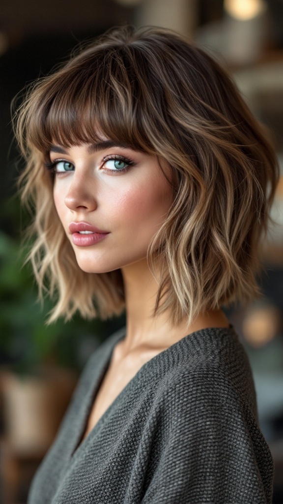A young woman with a textured fringe and short layered hairstyle, wearing a cozy sweater, looking confidently at the camera.