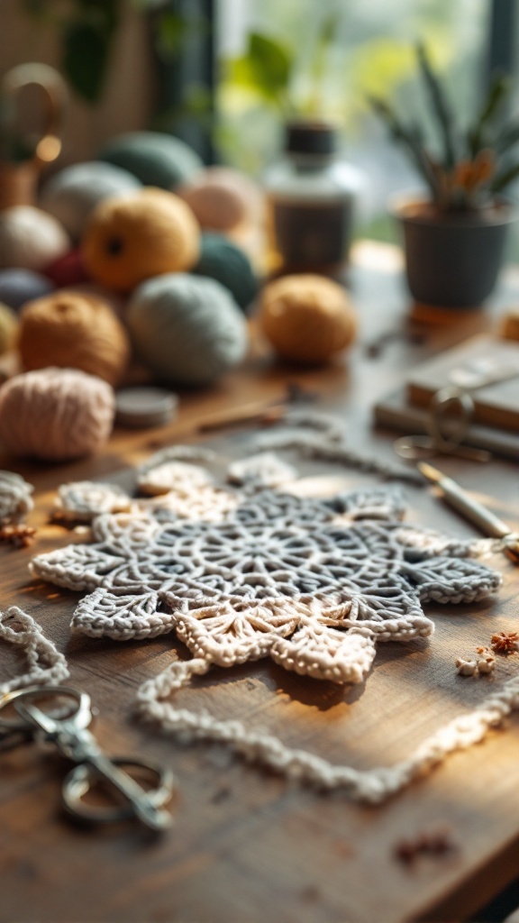 Crocheted geometric keyring with a snowflake design surrounded by colorful yarn balls on a wooden table.