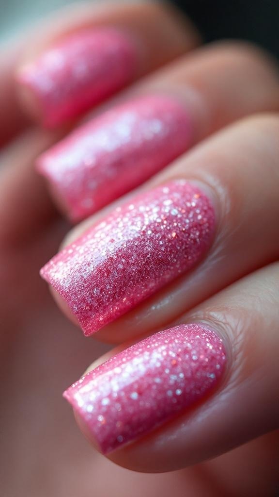 Close-up of pink glitter nails with a textured finish, adorned with silver rings.