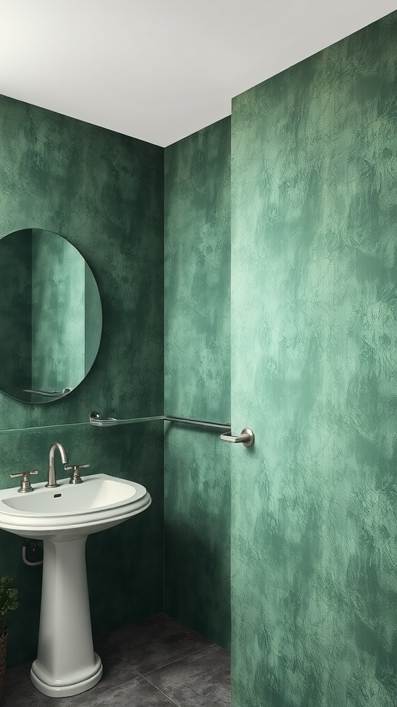 Textured green bathroom walls with a round mirror and a white sink