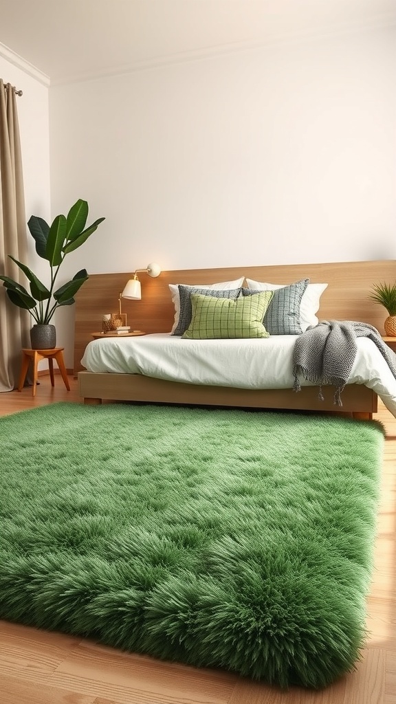A cozy bedroom featuring a textured green rug, a wooden bed frame, and decorative pillows.
