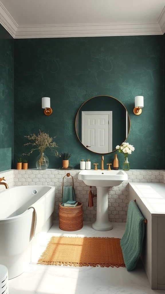 A stylish bathroom featuring dark green textured wallpaper, white fixtures, and natural decor elements.