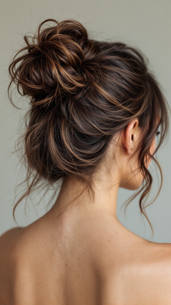 A woman with thick hair styled in a textured half-up bun, showcasing a casual and chic look.