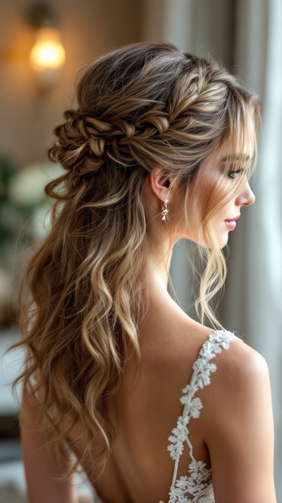 A close-up view of a textured half up braid hairstyle with loose tendrils, showcasing elegance and a relaxed vibe.