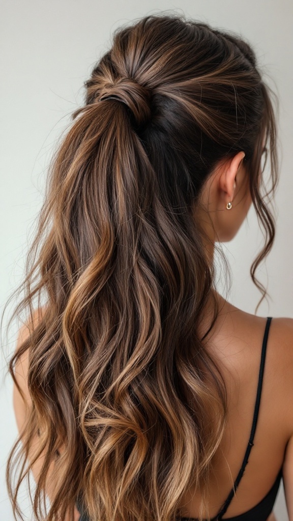 A textured half up half down ponytail hairstyle showcasing loose waves and a secured top section.