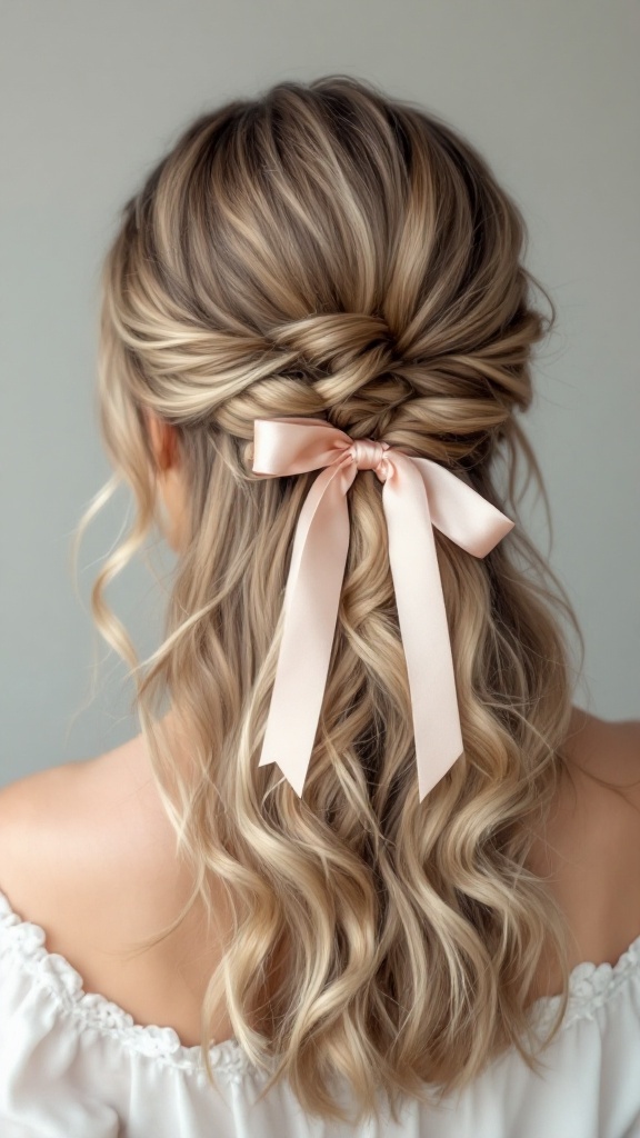 Half up half down wedding hairstyle with textured curls and a pink ribbon bow.
