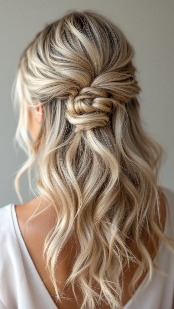 Textured half up half down hairstyle with loose waves and a braid