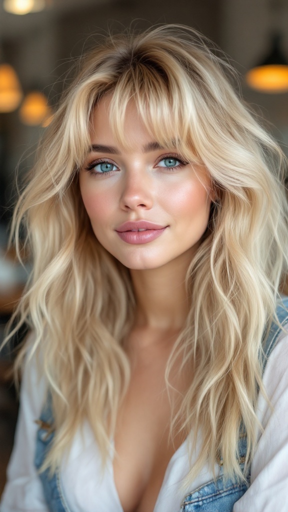 Woman with blonde hair and textured layered bangs