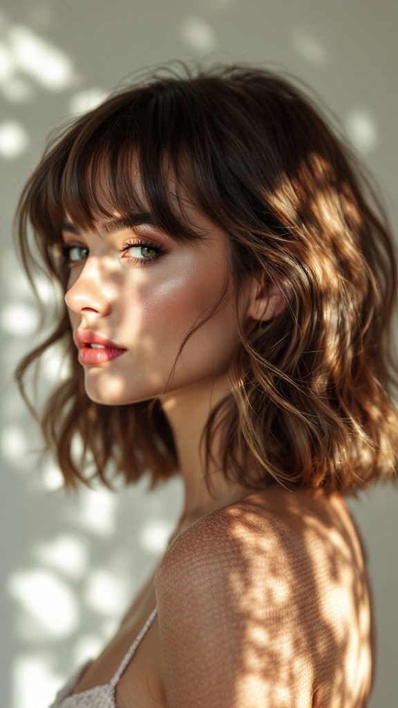 A woman with a medium length textured layered haircut featuring curtain bangs, showcasing a natural and soft look.