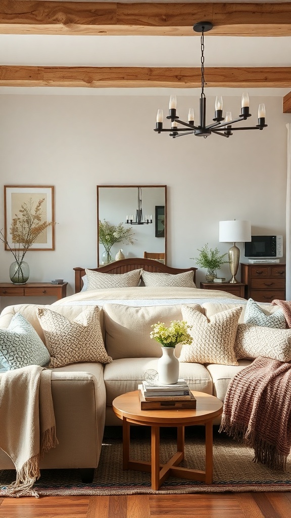 A cozy living room dining room combo featuring a beige sofa with textured pillows, a round wooden coffee table, and a chandelier above.